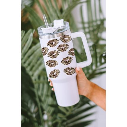 White Valentine Leopard Lips Print Thermos Cuo with Straw