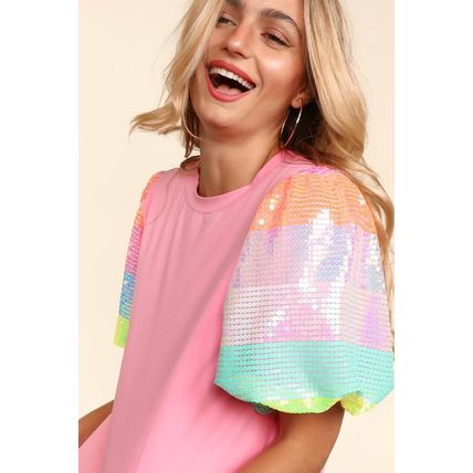 Pink Sequin Colorblock Striped Puff Sleeve Top