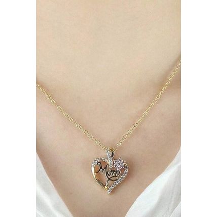 Gold Mom Rhinestone Flower Hollow-out Heart Necklace