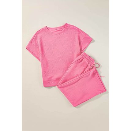 Strawberry Pink Textured Loose Fit T Shirt and Drawstring Pants Set