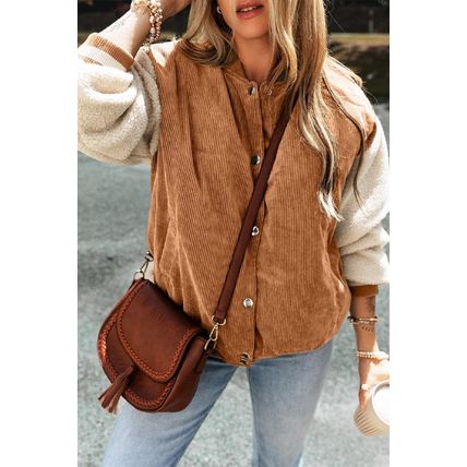 Buckskin Corduroy Fleece Patchwork Buttoned Bomber Jacket