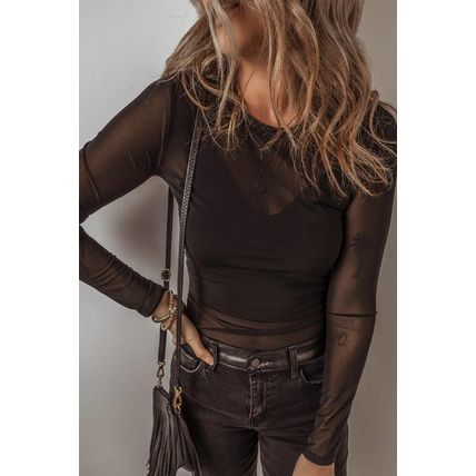 Black Mesh Long Sleeve Slim Fit Bodysuit
