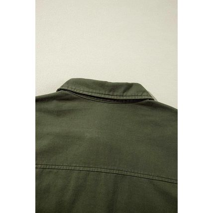 Moss Green Snap Button Zipper Tight Waist Collared Jacket