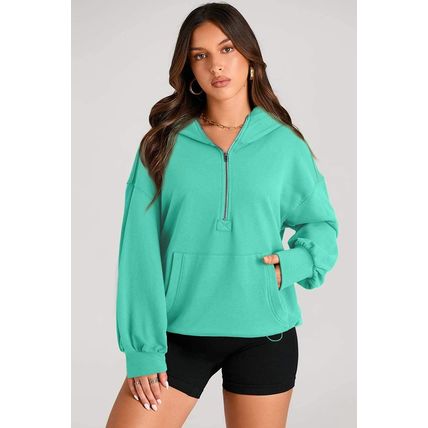 Aruba Blue Solid Kangaroo Pocket Half Zipper Oversized Hoodie