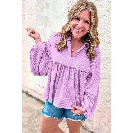 Phalaenopsis Corded Turn-down V Neck Bubble Sleeve Babydoll Blouse