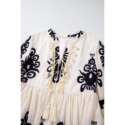 Beige Western Pattern Print Tasseled Notch V Neck Mini Dress