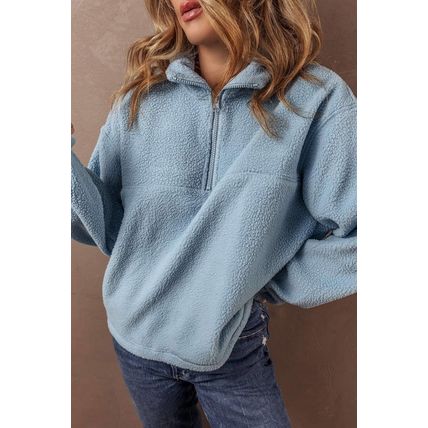 Myosotis Collared Zipper Drop Shoulder Fleece Sweatshirt