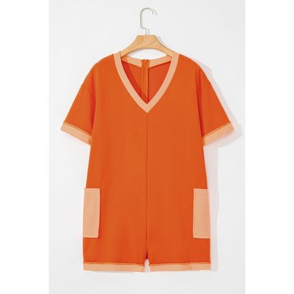 Russet Orange Two-tone Short Sleeve V Neck Patched Pocket Loose Romper