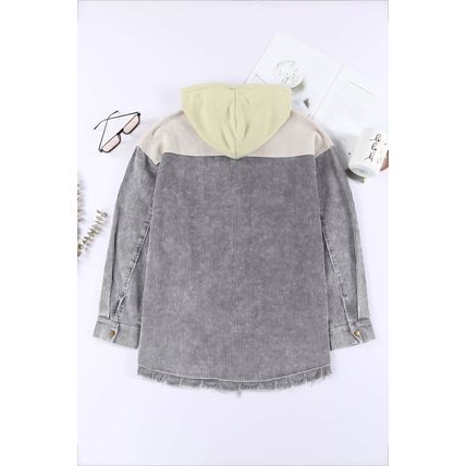 Gray Color Block Button Down Hooded Corduroy Jacket