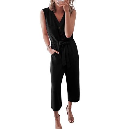 Black Buttoned Sleeveless Cropped Jumpsuit with Sash