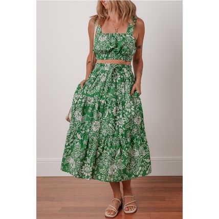 Green Floral Print Shirred Crop Top and High Waist Midi Skirt Set