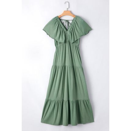 Grass Green Textured V Neck Flutter Sleeve Ruffled Maxi Dress