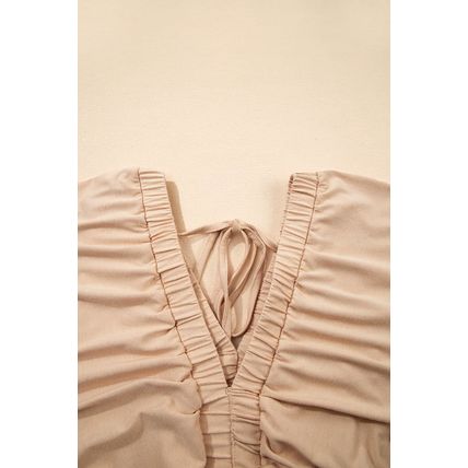 Parchment Textured V Neck Flutter Sleeve Ruffled Maxi Dress