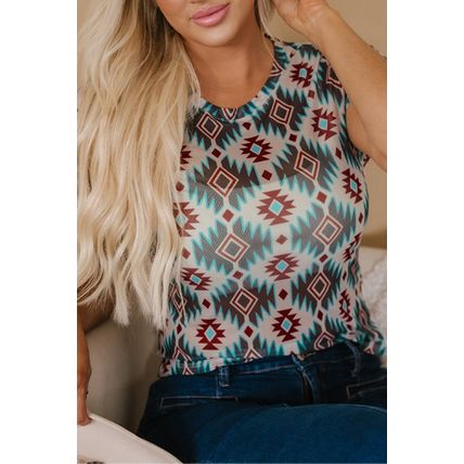 Blue Western Aztec Print Mesh Slim T Shirt