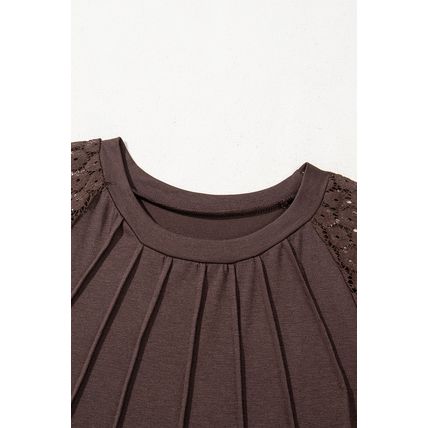 Dark Brown Contrast Lace Raglan Sleeve Pleated Detail Shift Dress
