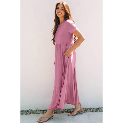 Pink Solid Color T-shirt High Waist Pocketed Long Dress