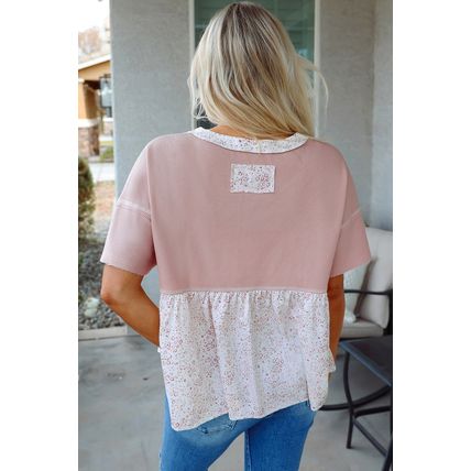 Pink Waffle Floral Patchwork Exposed Seam Detail Short Sleeve Top