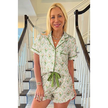 Green Floral Print Turn-down Collar Short Pajamas Set