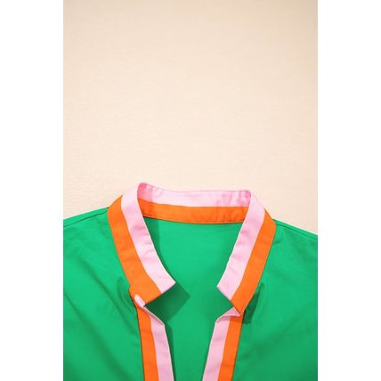 Bright Green Contrast Striped V Neck Collision Short Puff Sleeve Blouse