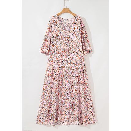 Red Boho Half Sleeve Floral V Neck Maxi Dress
