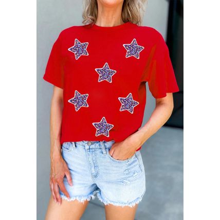 Red July 4th Fashion Sequin Star Graphic T Shirt