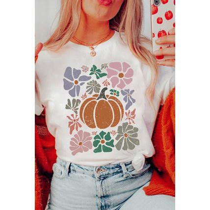 White Flower Pumpkin Distressed Graphic T Shirt