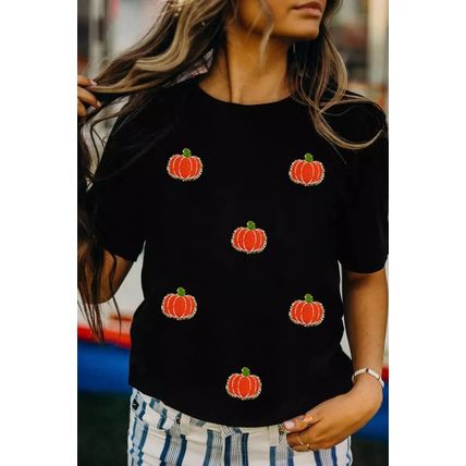 Black Chenille Pumpkin Patched Casual Cotton Blend T Shirt