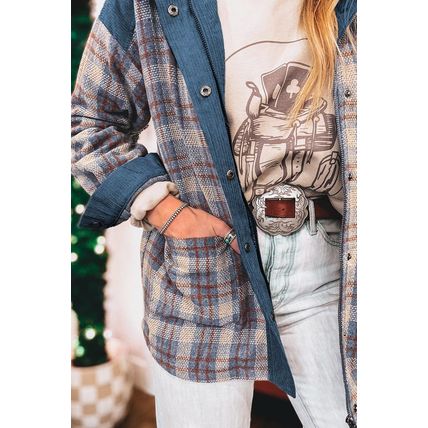 Gray Plaid Corduroy Patchwork Collared Zip Up Snap Button Jacket