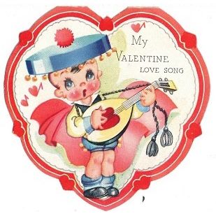 VINTAGE ' VALENTINE CARD ' YOUNG BOY with MANDOLIN card 1930s