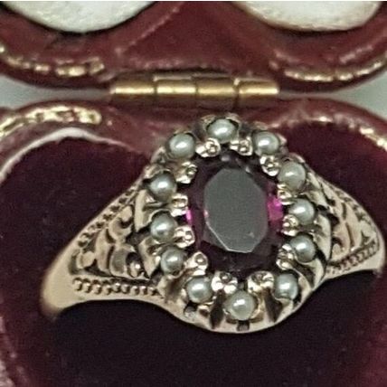 Victorian Enameled 12K Gold Genuine Amethyst & Genuine Seed Pearls Ring, 1880s
