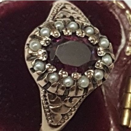 Victorian Enameled 12K Gold Genuine Amethyst & Genuine Seed Pearls Ring, 1880s