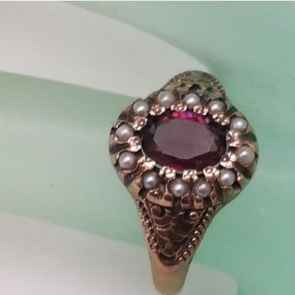 Victorian Enameled 12K Gold Genuine Amethyst & Genuine Seed Pearls Ring, 1880s