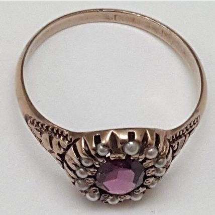 Victorian Enameled 12K Gold Genuine Amethyst & Genuine Seed Pearls Ring, 1880s