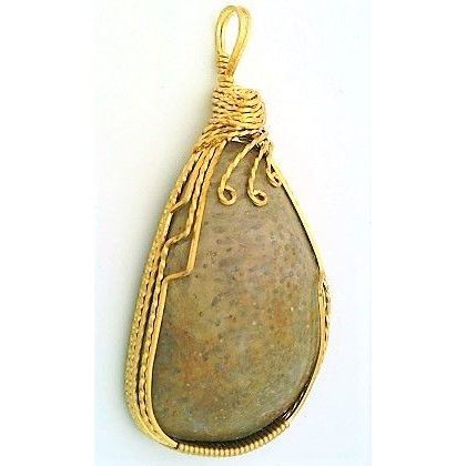 Agatized Fossil Cab Brass Wire Wrap Gemstone Pendant 39