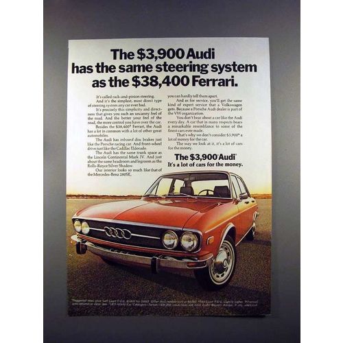 1973 Audi 100LS Car Ad - Same Steering as Ferrari