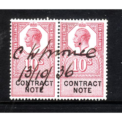 GREAT BRITAIN REVENUE CONTRACT NOTE GEORGE V 10s PURPLE HORZ PAIR PEN CANCEL