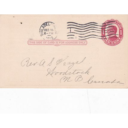 United States 1913 1c Postal Card Henry Dreer Philadelphia cancel written VGC