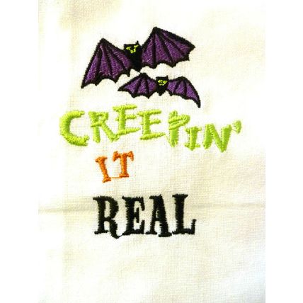 "HALLOWEEN CREEPIN IT REAL EMBROIDERED KITCHEN or GUEST TOWEL with BATS"