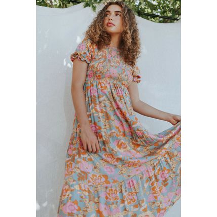 Sky Blue Floral Bubble Sleeve Smocked Flowy Ruffle Dress