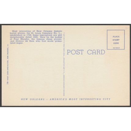 Oldest Cemetery, St Louis No 1, New Orleans, Louisiana, 1938 - PC Specialties PC