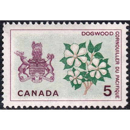 1965 CANADA BRITISH COLUMBIA COATS OF ARMS & DOGWOOD 5¢ STAMP, MNH, Scott #423