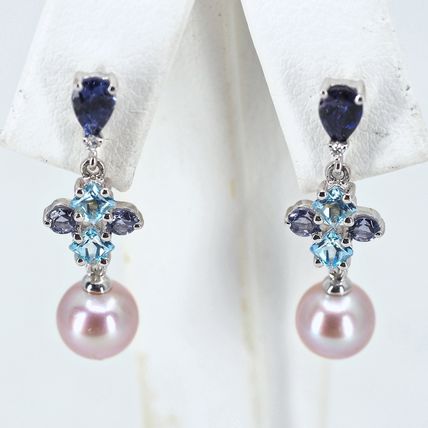18K solid white gold drops Natural rose pearls Natural sapphires Hallmarked