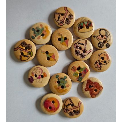 15 Baby & Toy Themed Buttons Two Hole Round Wooden Size 15mm