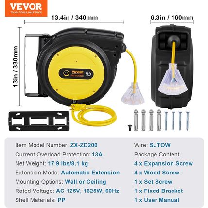 VEVOR 75FT Retractable Extension Cord Reel, 14AWG/3C SJTOW Heavy Duty Power Cord