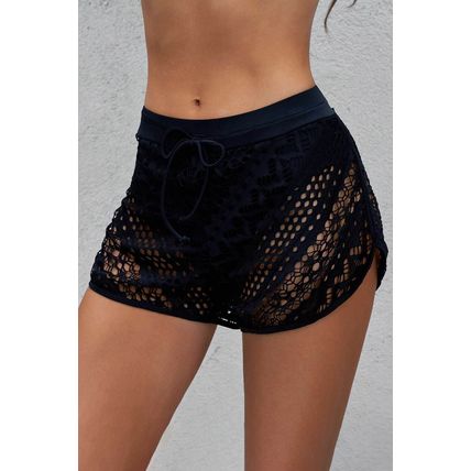 Black Hollow Out Lace Overlay Swim Short Bottom