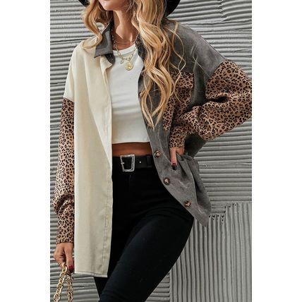 Gray Color Block Leopard Patched Corduroy Shacket