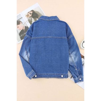Blue Chest Pockets Drop Shoulder Loose Denim Jacket