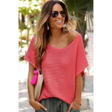 Red Clay Solid Loose Knit Short Dolman Sleeve Sweater