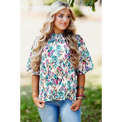 Light Blue Abstract Print Puff Sleeve Mock Neck Blouse