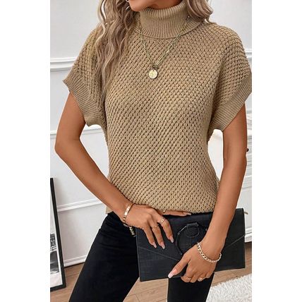 Pale Khaki Turtleneck Textured Short Sleeve Sweater